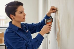 Técnico midiendo humedad en una pared durante el diagnóstico gratuito