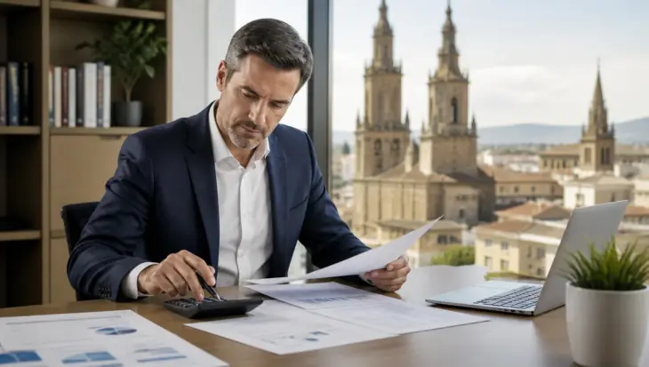 Asesora fiscal revisando documentación financiera en Logroño