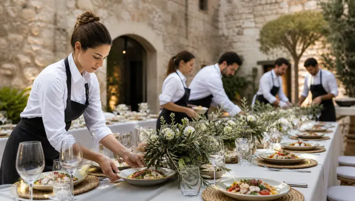 Equipo de catering preparando un evento elegante en Barcelona