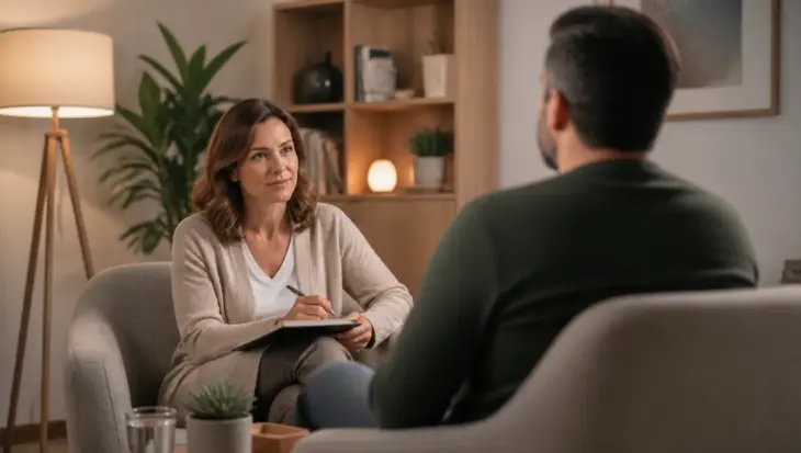 Psicóloga atendiendo a una persona en una consulta acogedora