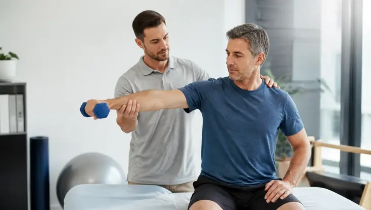 Fisioterapeuta guiando un ejercicio de rehabilitación
