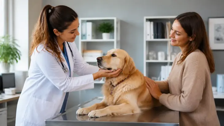 Veterinaria examinando a un perro en una consulta acogedora