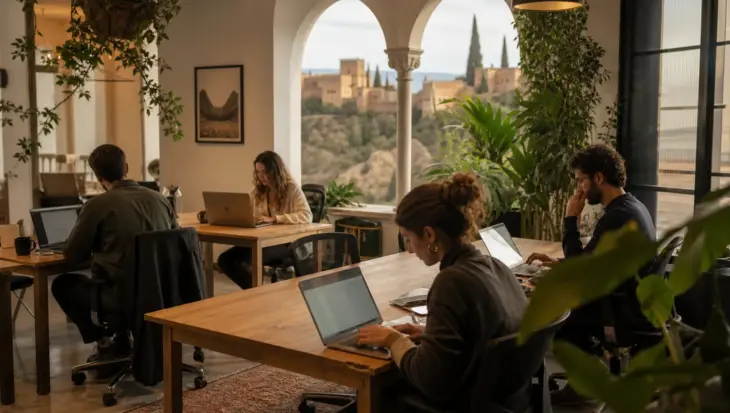 Profesionales trabajando en un espacio coworking de Granada