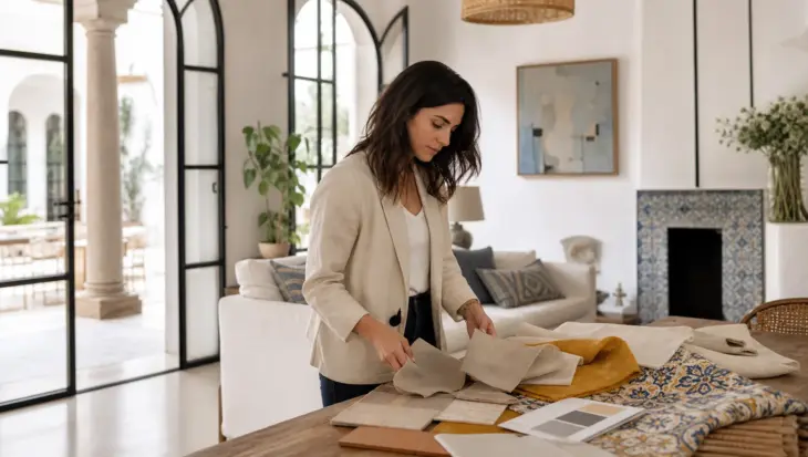 Decoradora eligiendo textiles y colores para un interior en Sevilla