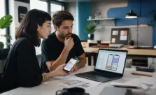 Equipo desarrollando y probando una aplicación móvil