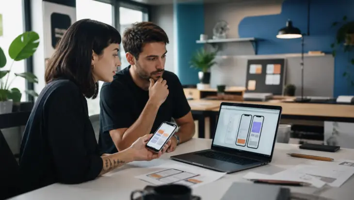 Equipo desarrollando y probando una aplicación móvil