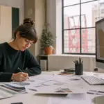 Diseñadora gráfica trabajando en su estudio de Bilbao