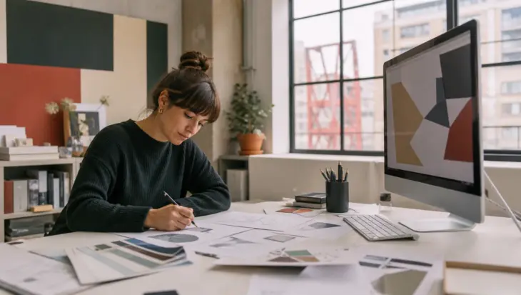 Diseñadora gráfica trabajando en su estudio de Bilbao