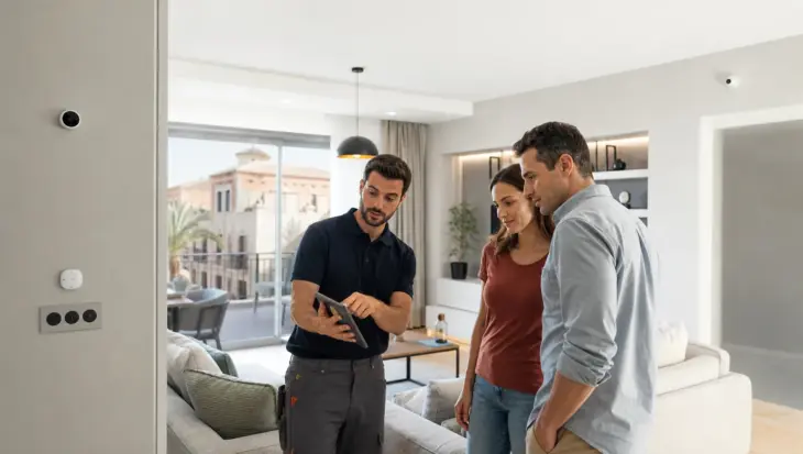 Especialista instalando un sistema de domótica en una vivienda moderna