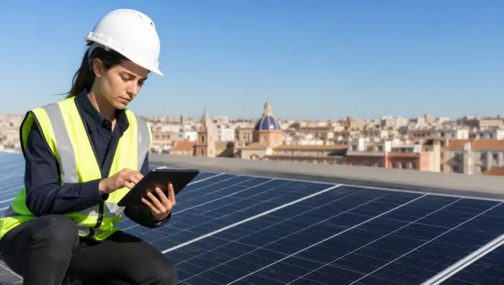 Ingeniera inspeccionando paneles solares en Valencia