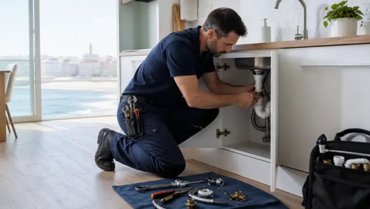 Fontanero profesional realizando una reparación en A Coruña