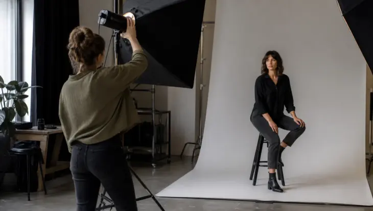 Fotógrafa preparando una sesión profesional en Valladolid