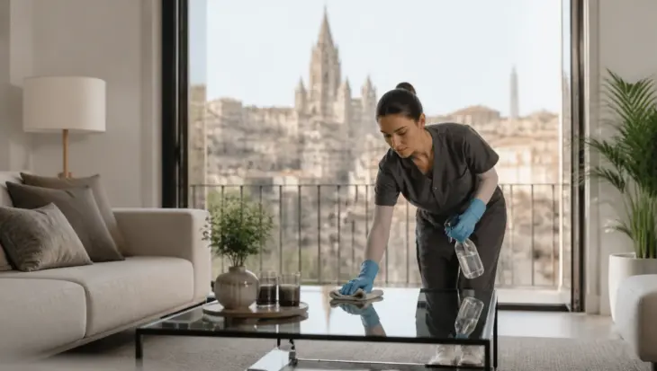 Profesional de limpieza trabajando en una vivienda de Toledo