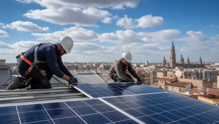 Técnicos instalando placas solares en una cubierta de Zaragoza
