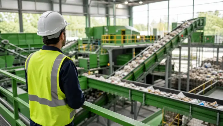 Profesional supervisando una planta de reciclaje industrial sostenible