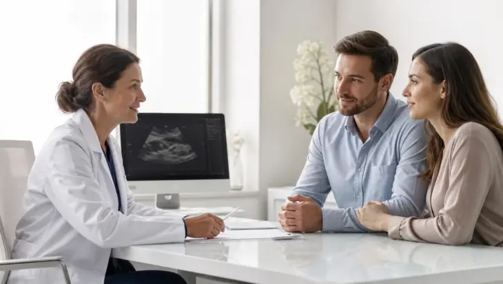 Médica acompañando a una pareja en una clínica de reproducción asistida
